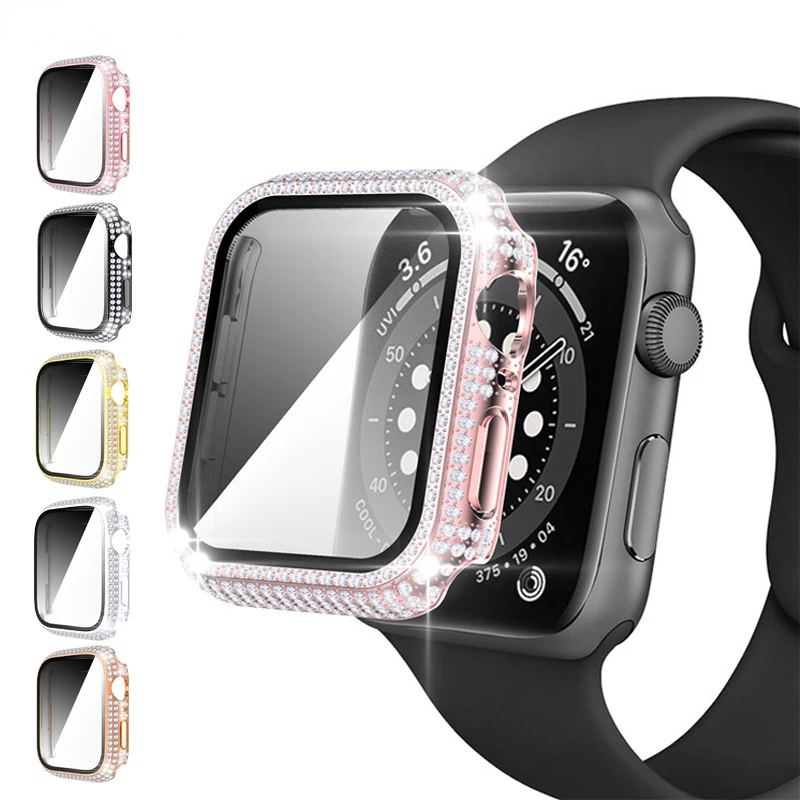 

Glass+Cover For Apple Watch case 40mm 44mm 41mm 45mm iWatch Accessories Diamond+Screen Protector Apple watch series 3 4 5 6 SE 7