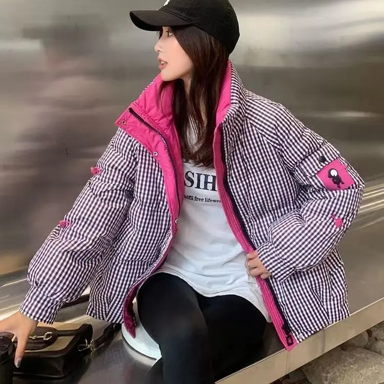 Houndstooth Stand Collar Down Jacket Women New Winter Loose Thick Warm White Duck Down Bread Coat Ladies Zipper Pockets M42