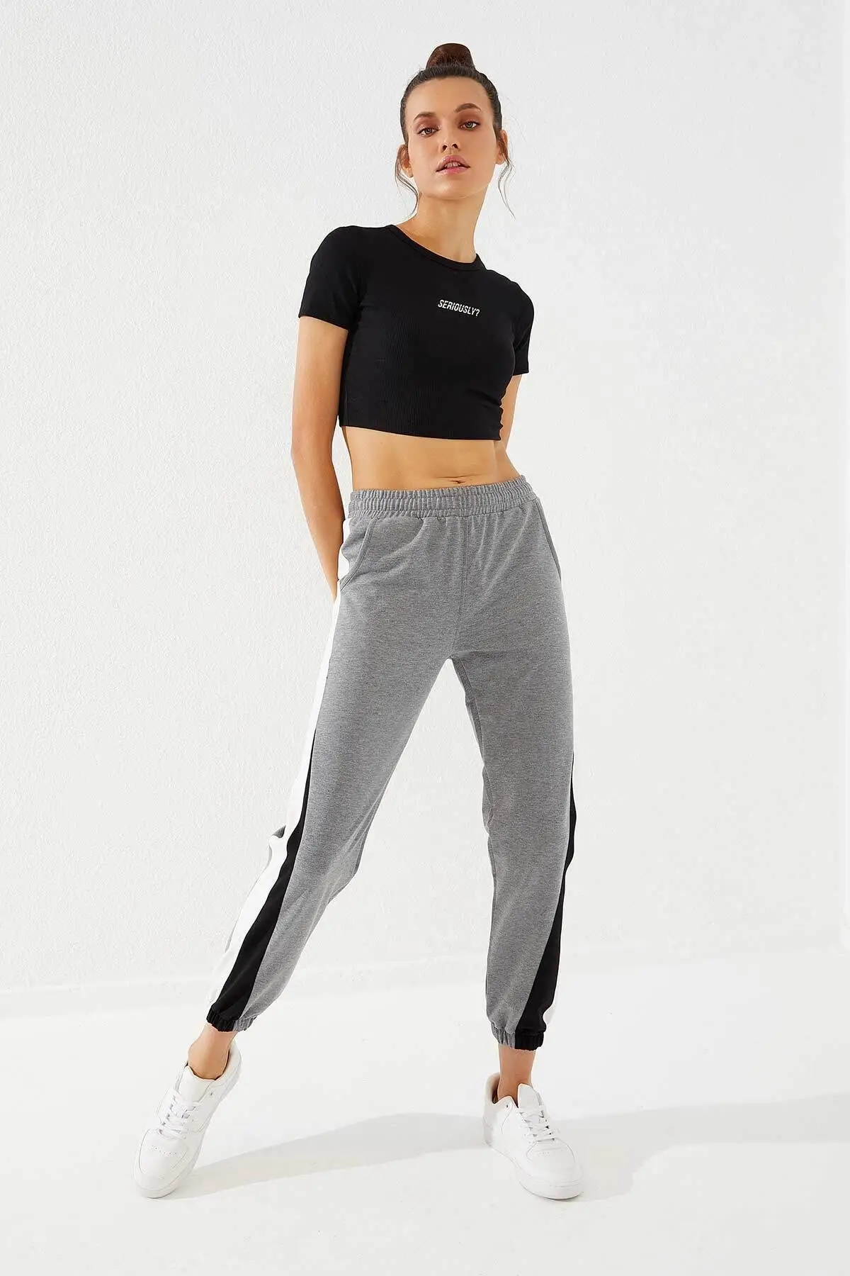Women's Two Color Garnish Gray Melange Elastic Leg Tracksuit Bottom Casual Wear Sport Women Pants Casual Cotton Outfits