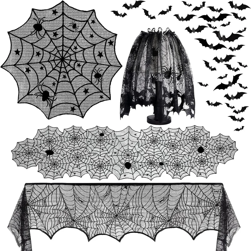 

Halloween Bat Table Runner Black Spider Web Lace Tablecloth Fireplace Curtain for Halloween Party Decoration Horror House Props