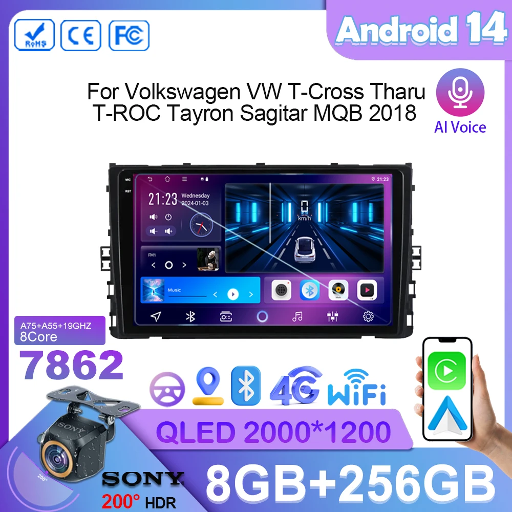 Автомобильный Android 14 для Volkswagen VW T-Cross Tharu T-ROC Tayron Sagitar MQB 2018 Dvd мультимедийный плеер