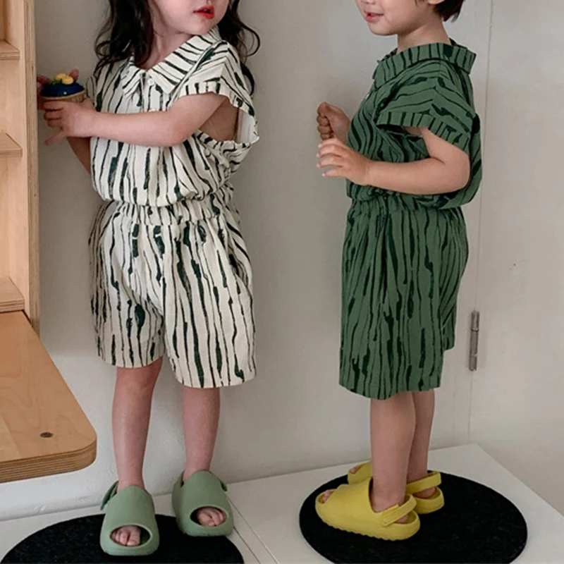 Freely Move Boys Girls Clothing Sets 2022 Summer Baby Girls Clothes Cotton Striped Shirts Casual Kids Children Clothes Suits