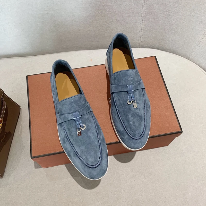 Loro Shoes Designer Suede Women loafers 2023 Summer Men Flat Shoes Metal Lock Slip-on Causal Moccasin Comfortable Mules lazy