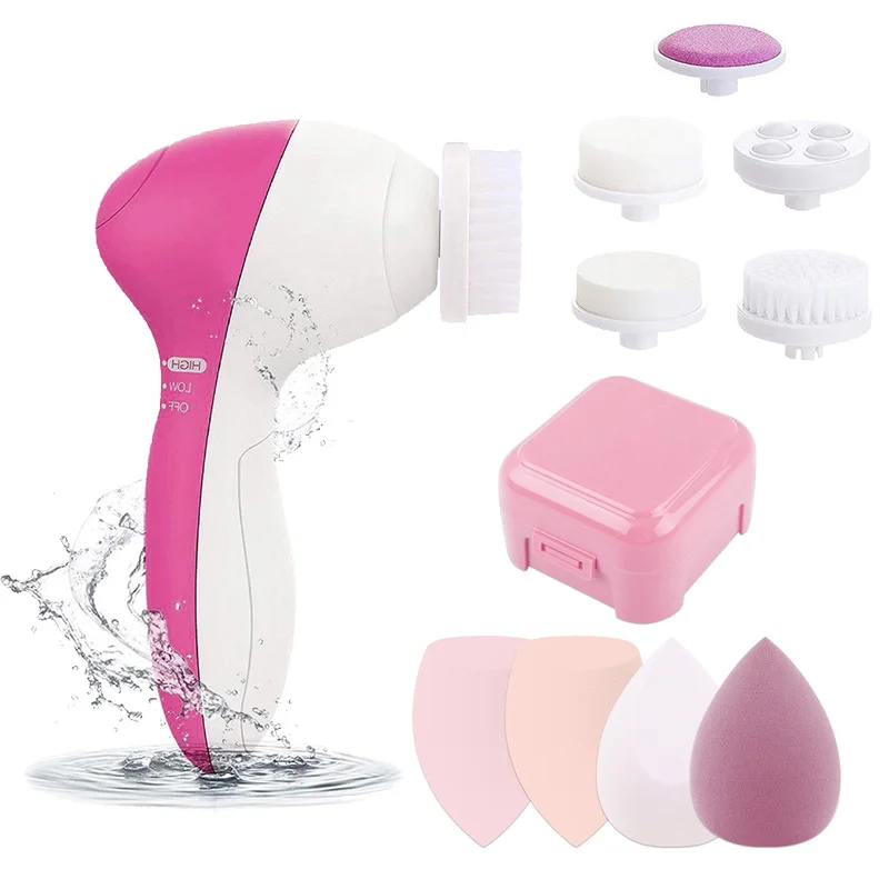 

5in1 Powerfull Face Cleansing Brush Electric Wash Facial Deep Cleaning Machine 4pcs/set Women's Makeup Sponge Puffs Beauty Tools