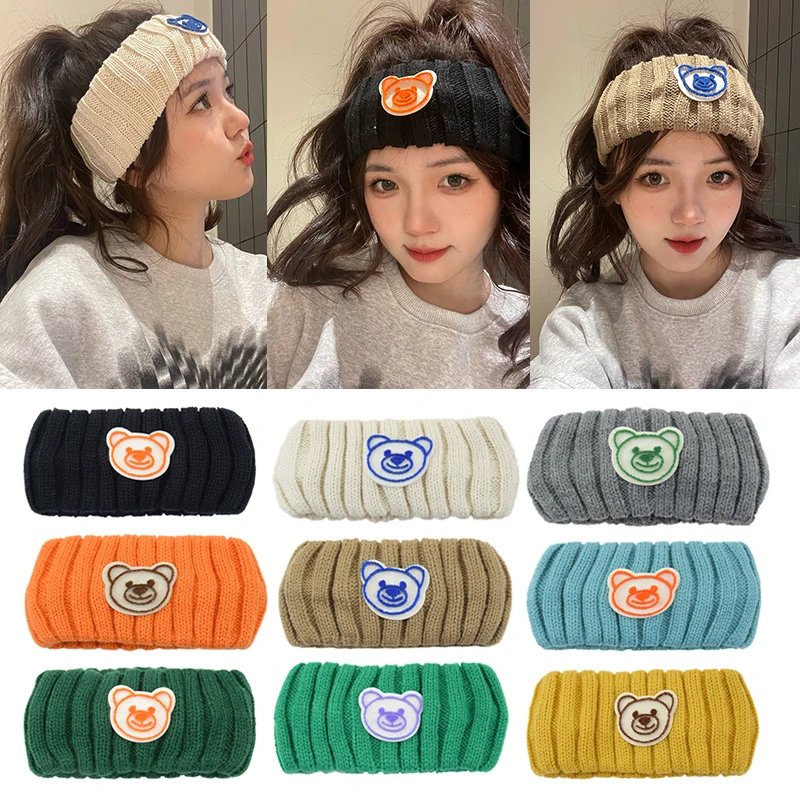 

Cute Bear Knitted Turban Headband Autumn Winter Warm Elastic Hair Band Cross Headwrap Bandana Women Hair Accessories Hairlace
