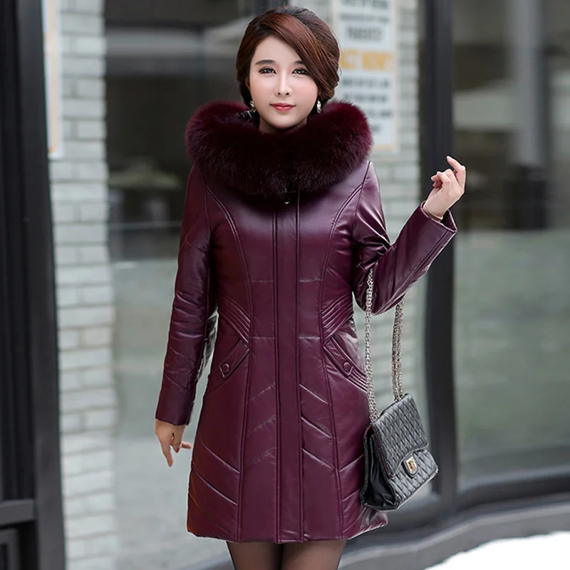 

L-8XL Women Leather Coat Winter 2024 Fashion Mother Jacket Thicken Warm Outerwear Fur Collar Hooded Sheepskin Overcoat Female