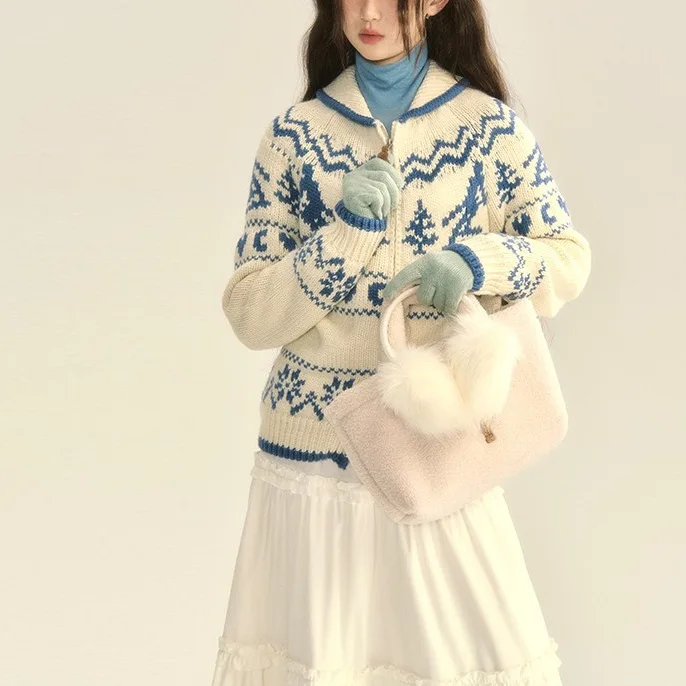 Осень-зима 2024 винтажный свитер Fair Isle Christmas Tree свободный вязаный кардиган топ для