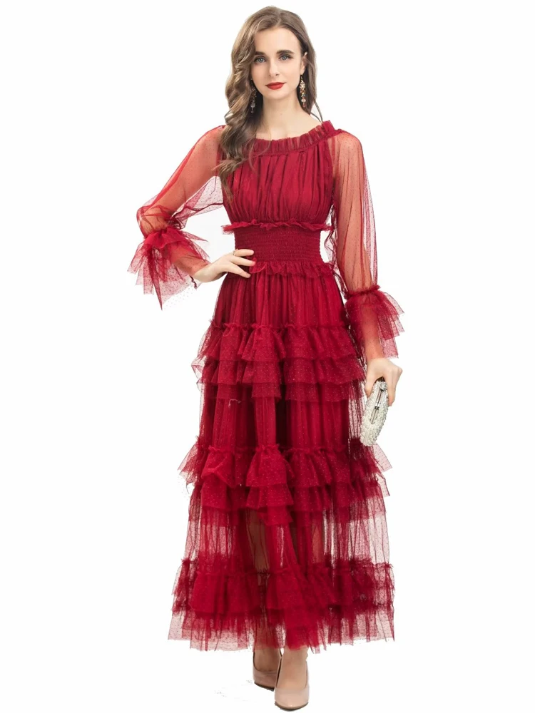 

Роскошное весенне-осеннее Новое высококачественное женское богемное винно-красное Сетчатое шикарное привлекательное модное винтажное Элегантное Длинное платье с оборками