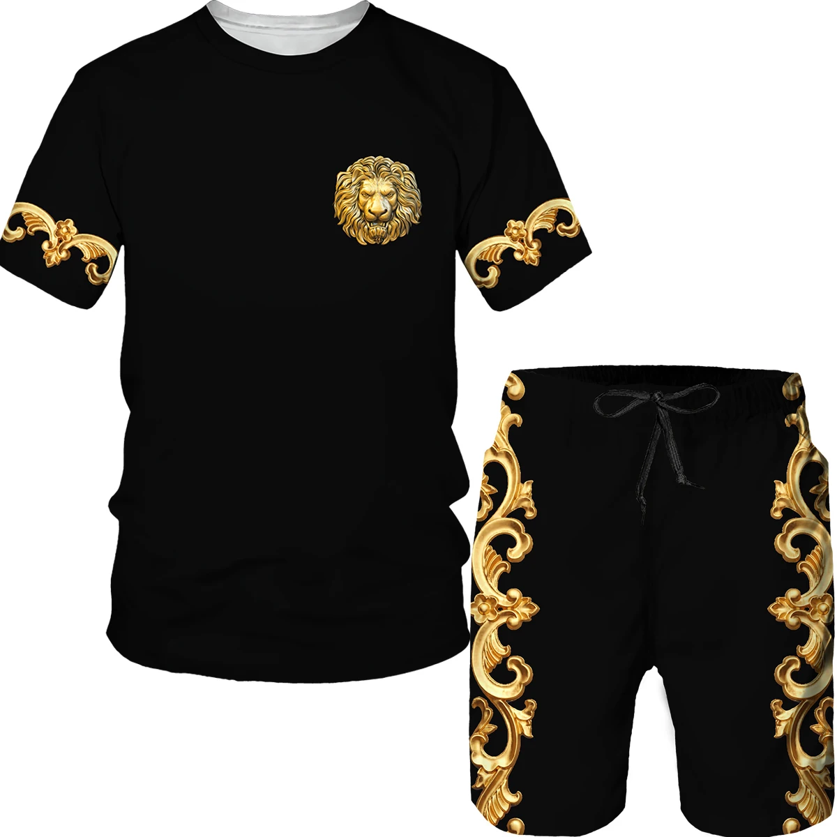 Summer Men's Clothing T-Shirts Shorts Tracksuits Sets 3d Golden Pattern Lion Head Printed Sportswear Man Jogging 2 Piece Outfit