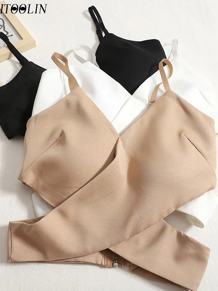 

ITOOLIN Y2K Women Sexy Cross Cropped Patchwork Camis Solid Cute Crop Tops Off Shoulder Tank Tops Streetwear All-match