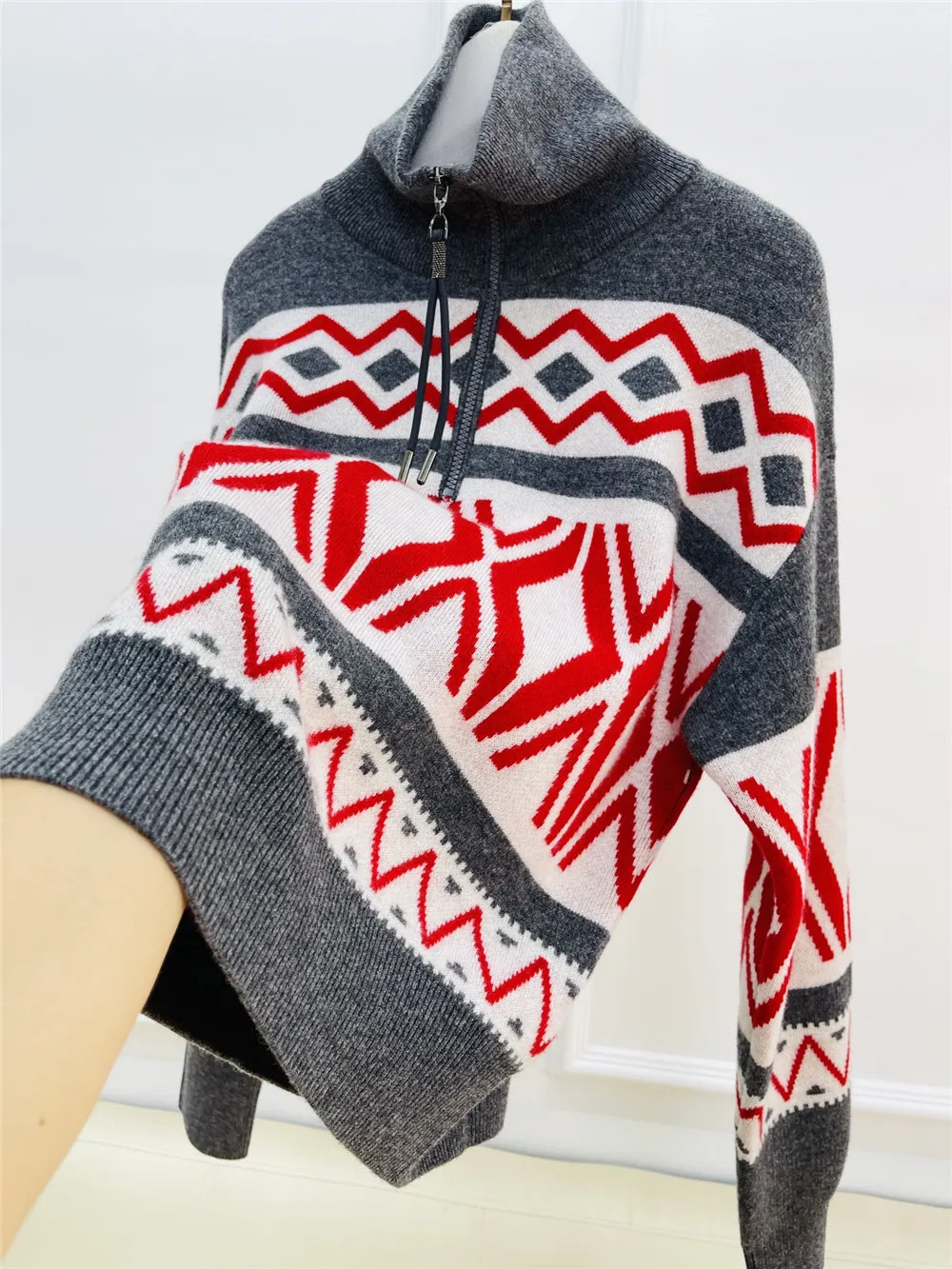 Осенний женский жаккардовый кашемировый свитер с бисером пуловер длинными