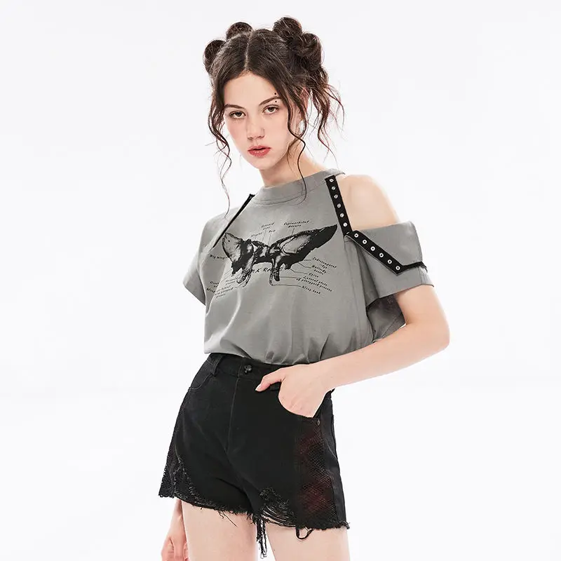 

Deeptown Women Graphic T-shirts Oversized Y2k Grunge Punk Short Sleeve Tees Harajuku Gothic Korean Streetwear Off Shoulder Tops