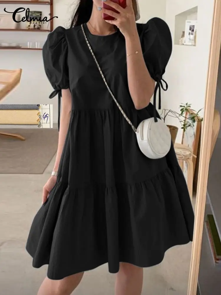 

Celmia Women Round Neck Mini Dress 2022 Summer Casual Loose Puff Short Sleeve Party Vestidos Elegant Pleated Stitching Sundress