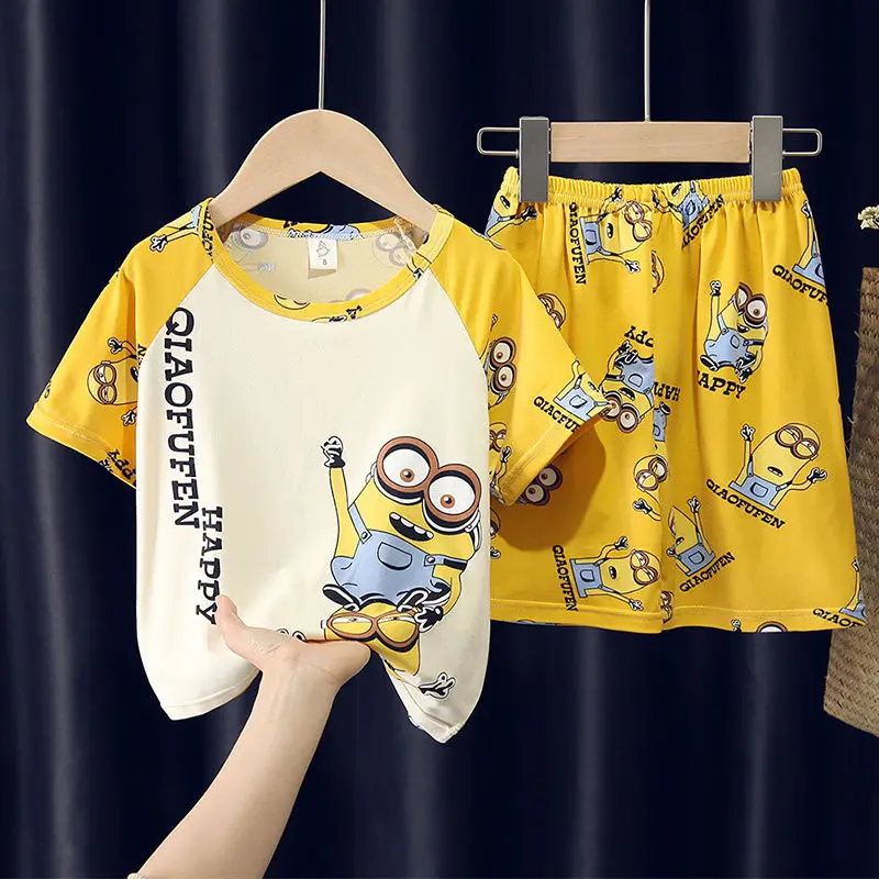 

Minions Summer Children's Pajamas Short-sleeved Boys and Girl Cartoon Middle-aged Homeclothes Suit Thin Air-conditioning Pijama