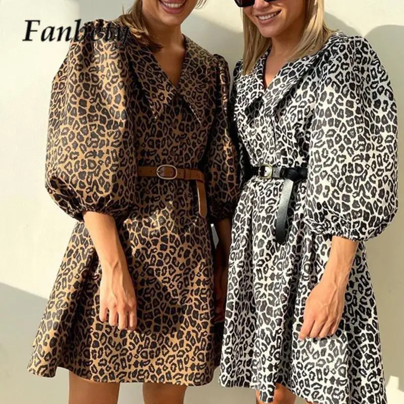 

Leopard Print Lantern Sleeve Ladies Dress Fashion Lapel Loose Mini Dress Spring Summer 2023 Women Single-breasted A-Line Dresses
