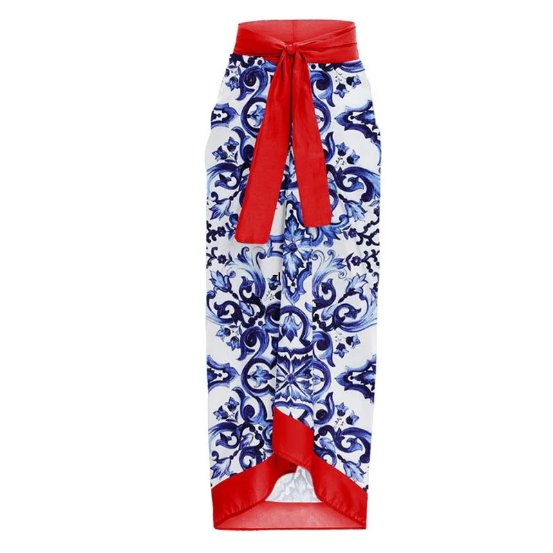 2 Piece Set Open Back Wrap Chest One Piece Swimsuit Set Bikini Women Outfit Red Printed Beach Dress Slim Sexy Suit 2023 Spring