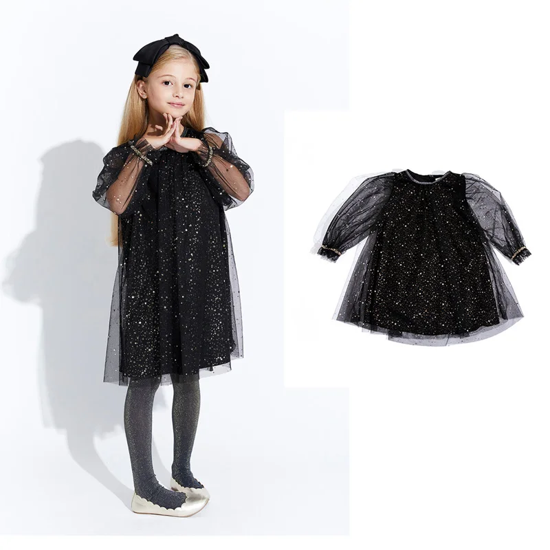 

Girls Dress Long Sleeve Grenadine 2022 Spring Summer Black Party Dress Gift for Little Girls Kids Cloth