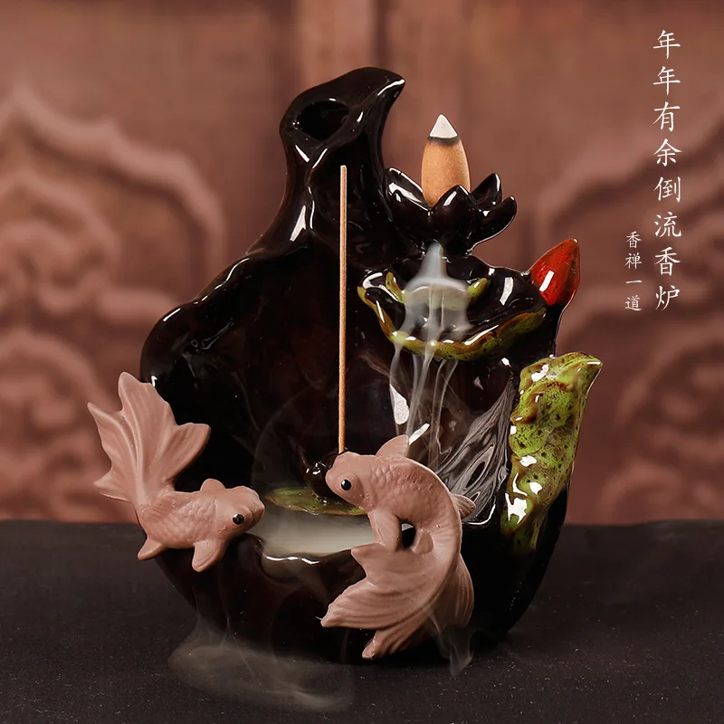 

Lotus Pond Backflow Incense Burner Fish Smoke Waterfall Censer Ceramic Incense Stick Holder Gift Ornaments Creative Home Decor
