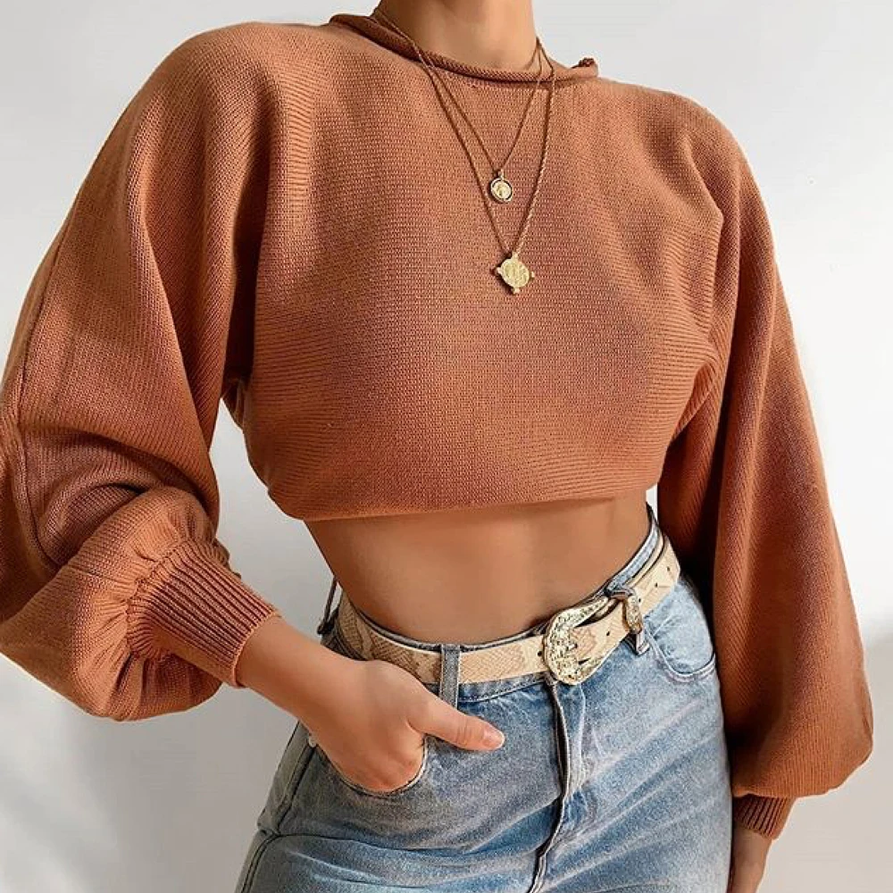 

Wholesale 5 pcs) Autumn women short sweater Spring O-neck lantern long Sleeve casual basic pullovers Solid loose tops jumper