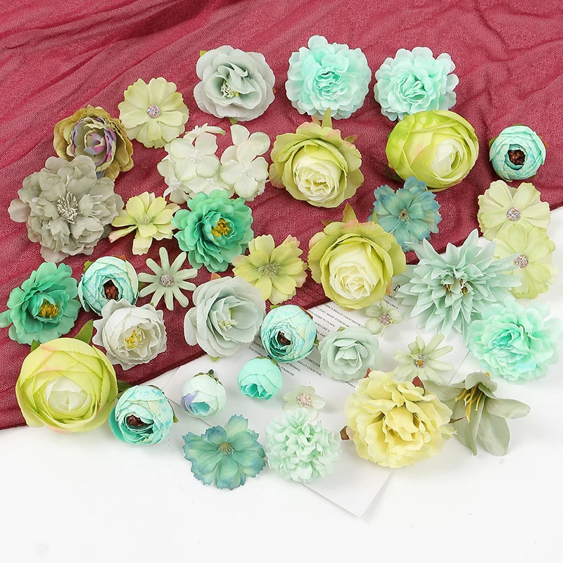 

Green Series Artificial Flowers Heads New Fake Flower for Home Decor Marriage Wedding Decoration DIY Craft Wreath Gift Accessory