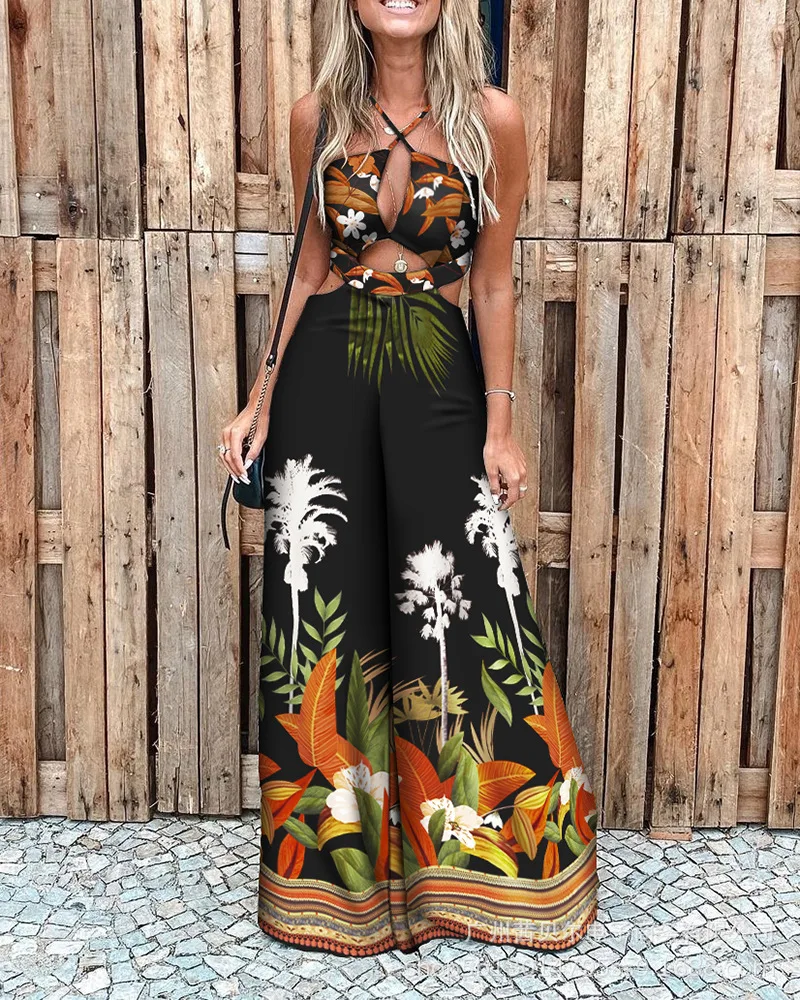 Летняя праздничная одежда женский сексуальный комбинезон с принтом пальмовых
