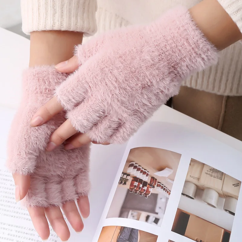 

Fashion Mink Gloves Half Fingers Mittens Winter Warm Wool Touchscreen Gloves Arm Warmers Men Knitting Mitten Women Glove Guantes
