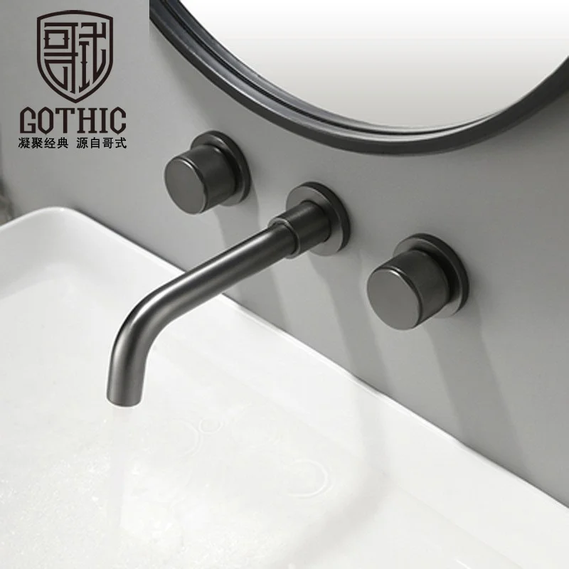 Черный латунный скрытый настенный смеситель для раковины горячей и холодной