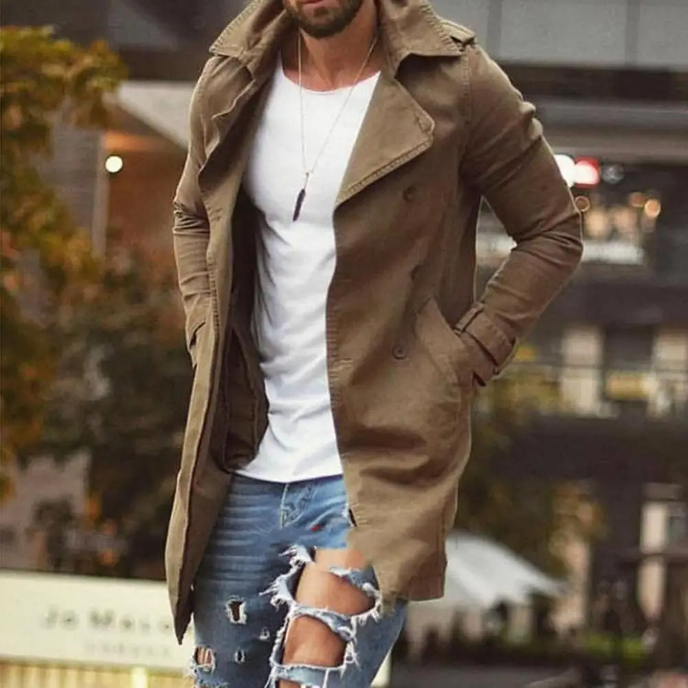 

Осенне-зимнее теплое Мужское пальто, ветровка, куртки, стильный кардиган, облегающий однотонный мужской Тренч с карманами, пальто на пуговицах