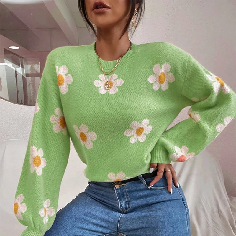 

Autumn and Winter New Pullover Sweater Women's Short Top 2022 New College Style Flower Knitted Jacket Loose Y2k Casual