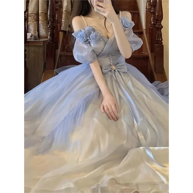 Цветочное свадебное платье в стиле &quotЛолита&quot искусственное голубое с