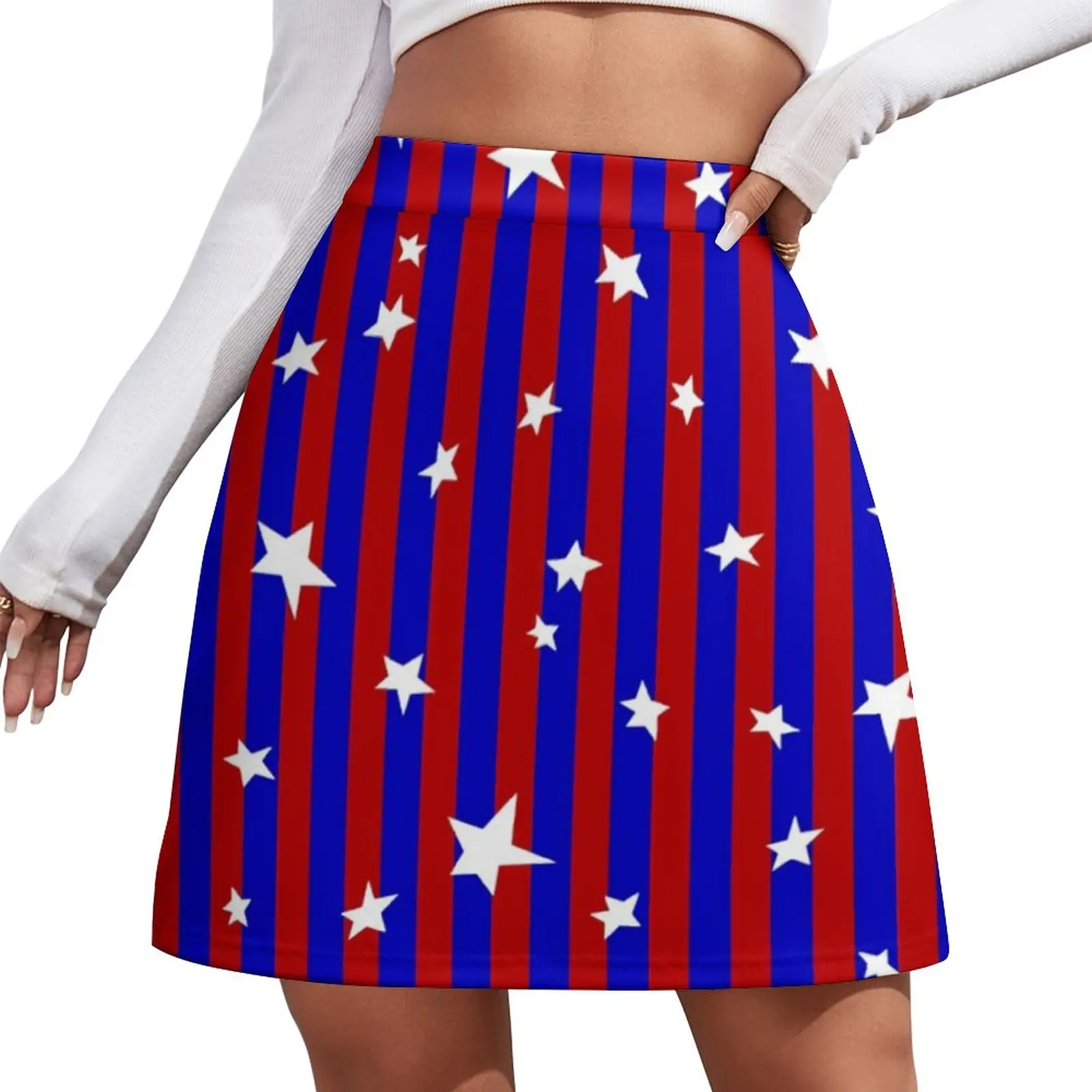 

Blue And Red Striped Skirt Ladies Stars Print Elegant Mini Skirts High-waisted Design Harajuku Casual Skirt Big Size 2XL 3XL