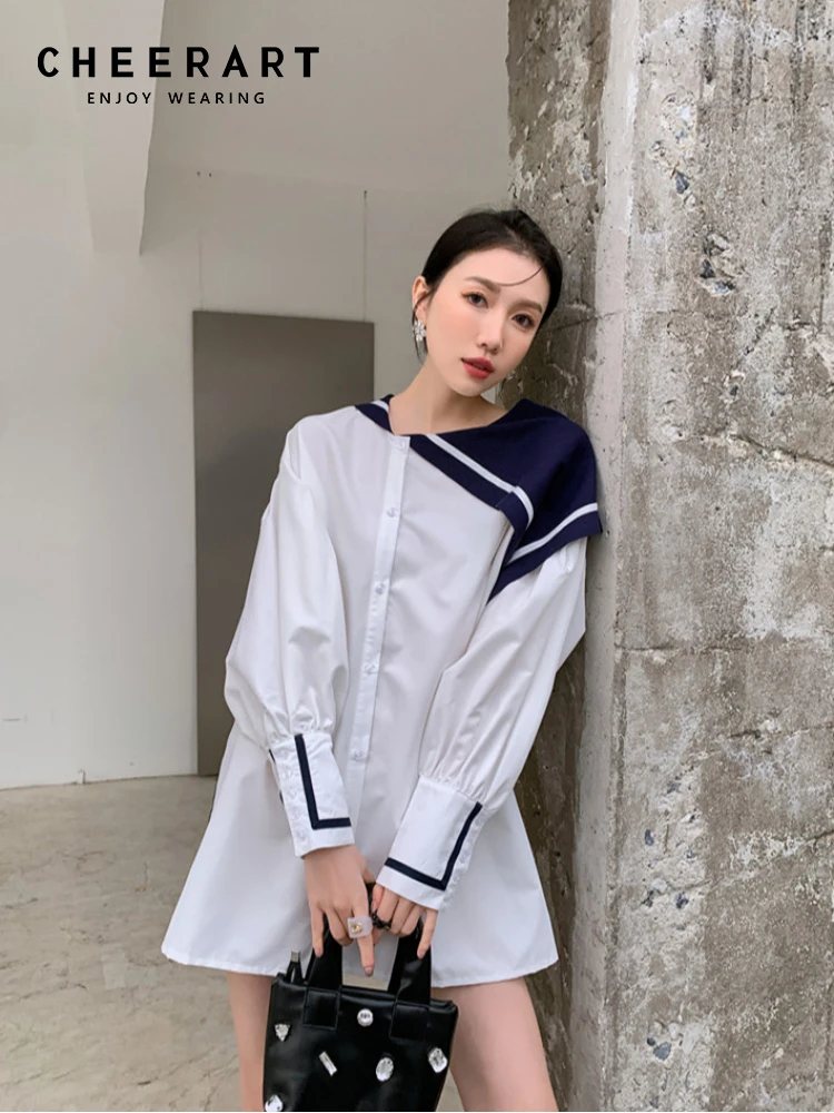 

CHEERART Preppy Style Sailor Collar Long Button Up Baggy Shirt For Women White Black Long Sleeve Top Korean Fashion Blouse 2022