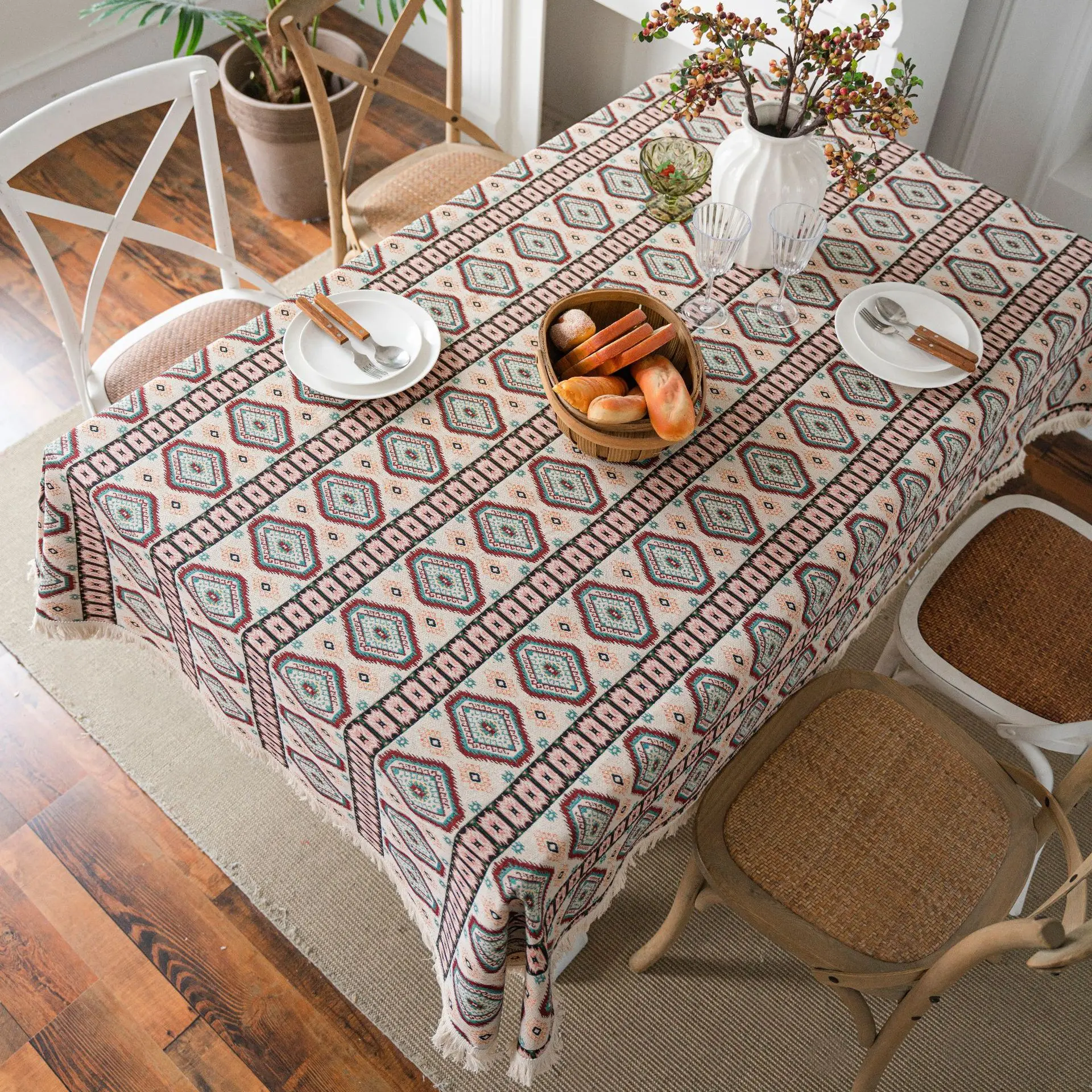 

Exquisite Pattern Printing Dining Tablecloth Color Soft Cotton Stripe Large Size Lacy Home Kitchen Banquet Table Cover Colorful