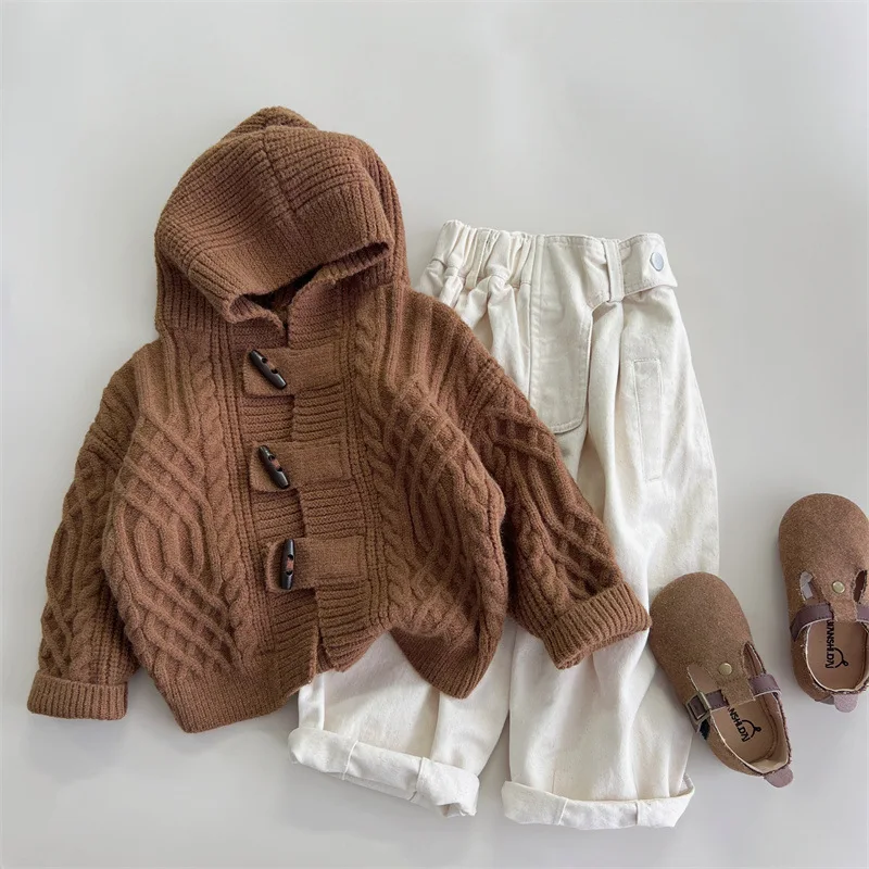 

2023 Autumn Kids sweater fashion boys knit hooded coat girls claw button casual Cardigan