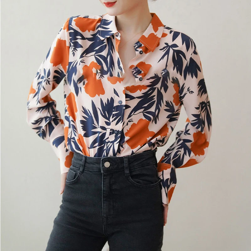 

French retro literary leaf print mulberry silk shirt women's loose long-sleeved silk top plus size button up Casual