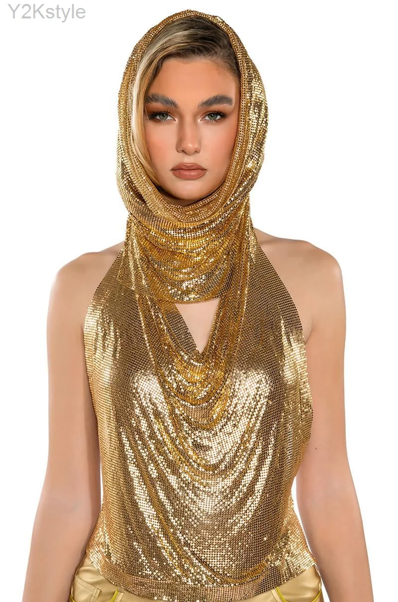 

Women Metal Sequins Tank Top With Turban 2 Piece Sexy V Neck Backless Suspender Top Rave Festival Party Nightclub Camisole