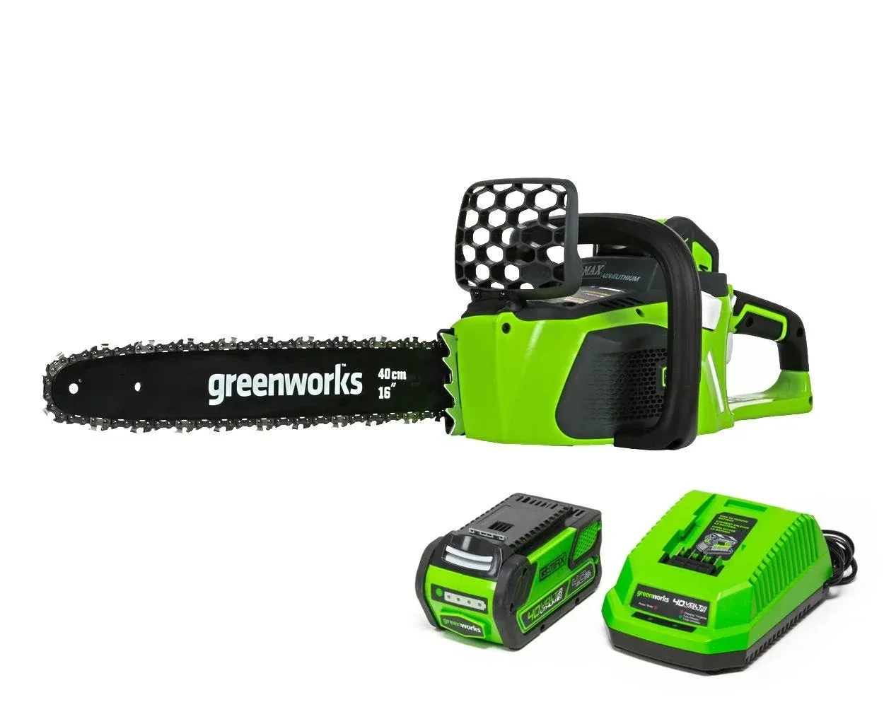 

Беспроводная бесщеточная бензопила Greenworks, 40 в, 16 дюймов, с батареей 4,0 А · ч и зарядным устройством, 20312