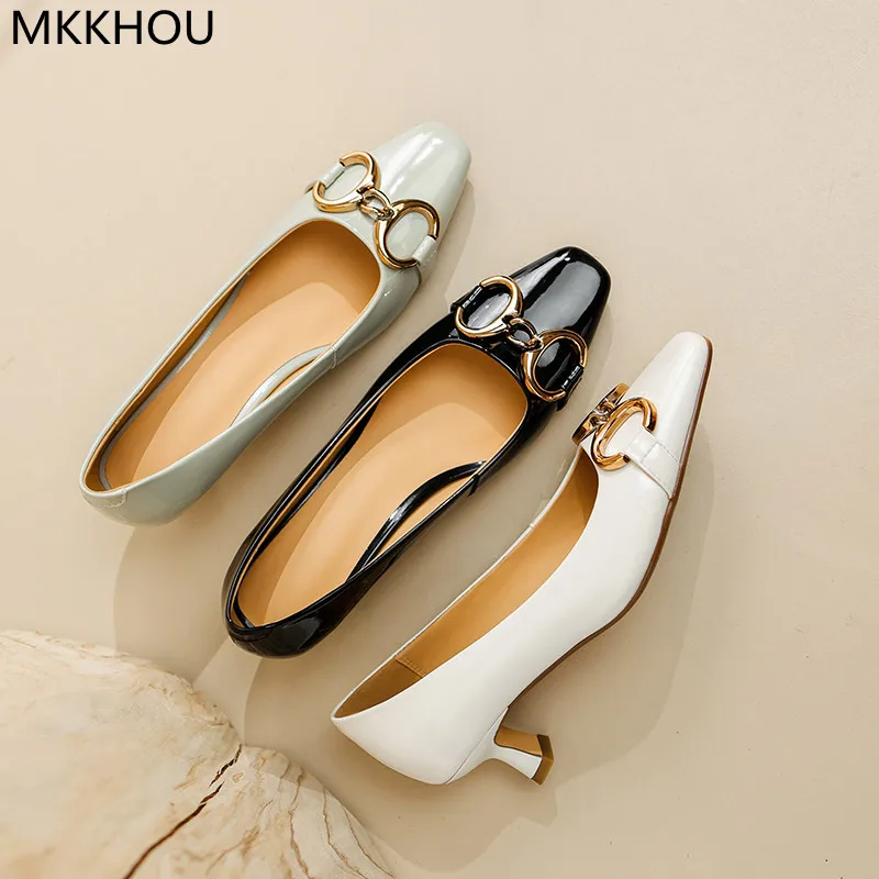 

MKKHOU Fashion Women Shoes New High Quality Leather Square Head Metal Buckle Medium Heel Leather Shoes Commuter All-Match Shoes