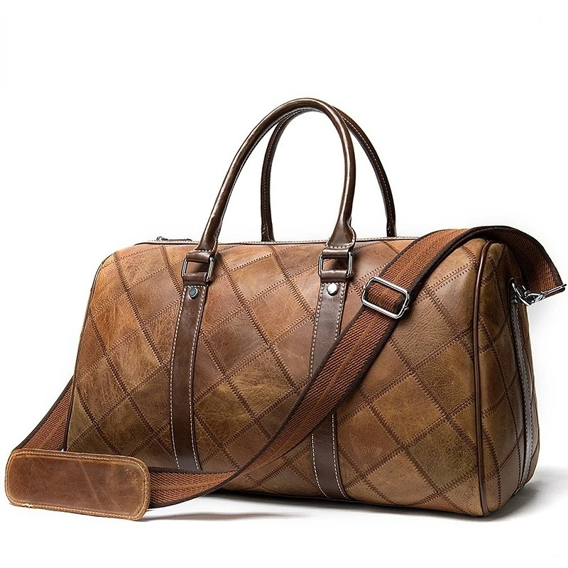 Men's Hand Travel Bag Manufacturers Genuine Leather Top Layer Cowhide Plaid Retro Men's Bag Shoulder Luggage Bag Wholesale