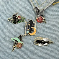 xedz punk black crow metal enamel brooch trendy moon feather flower birds alloy pins backpack accessories jewelry gifts