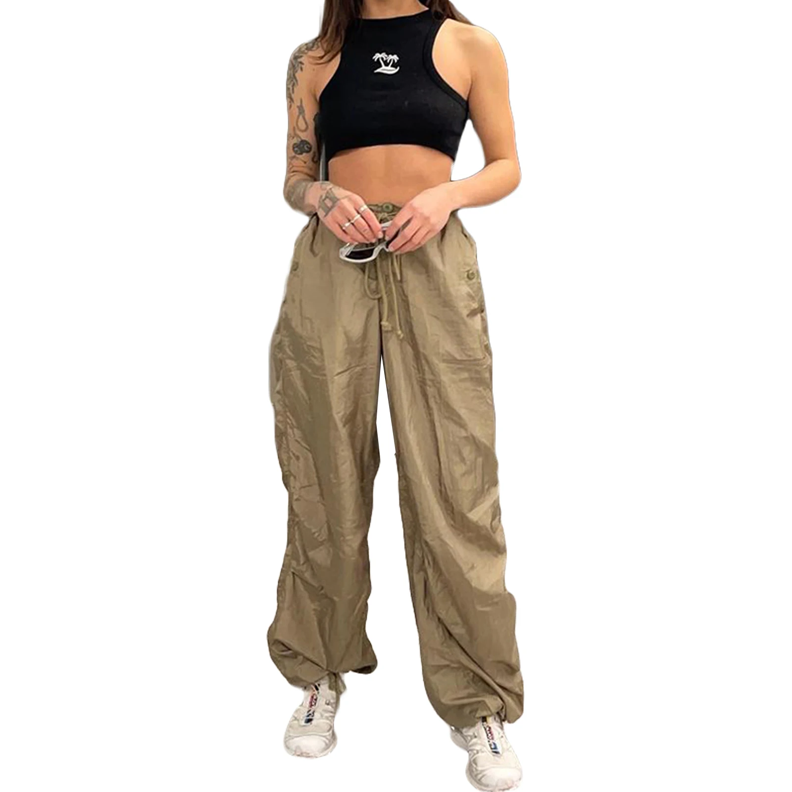 

Women's Casual Trousers Simple Style Solid Color Loose Fit Drawstring Waistband Female Overalls Pants Summer Adult Casual Outfit
