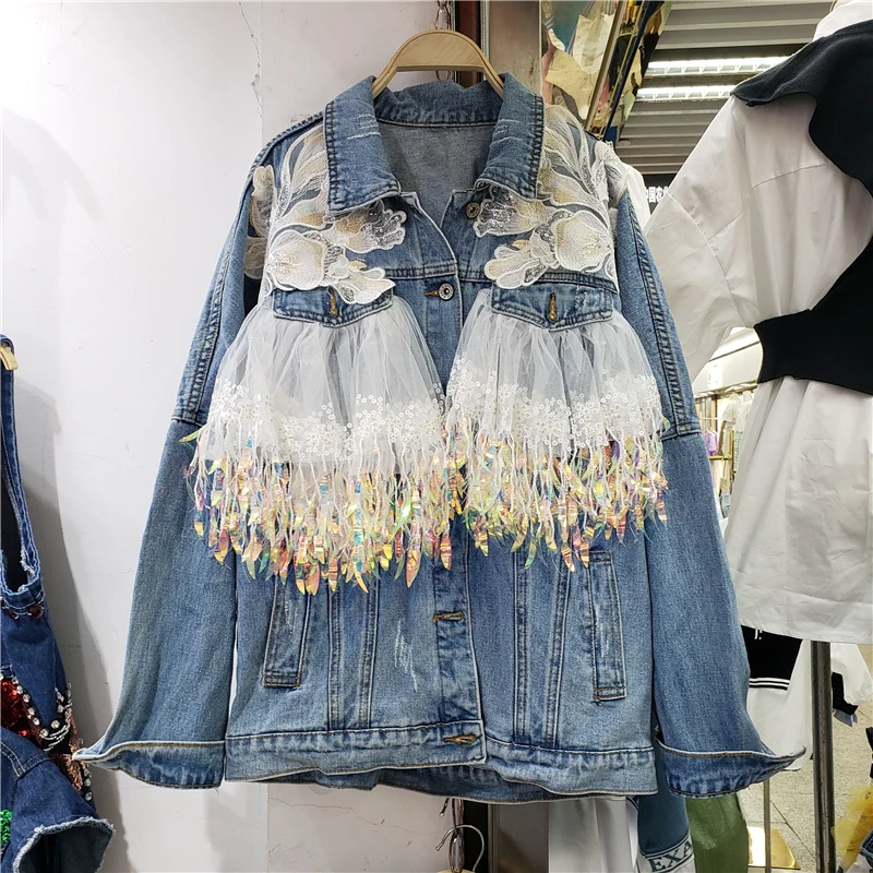 

Autumn Vintage Embroidery Hollow Out Tassel Sequins Mesh Splicing Frayed Denim Jacket Casual Long Sleeve Jeans Jacket Streetwear