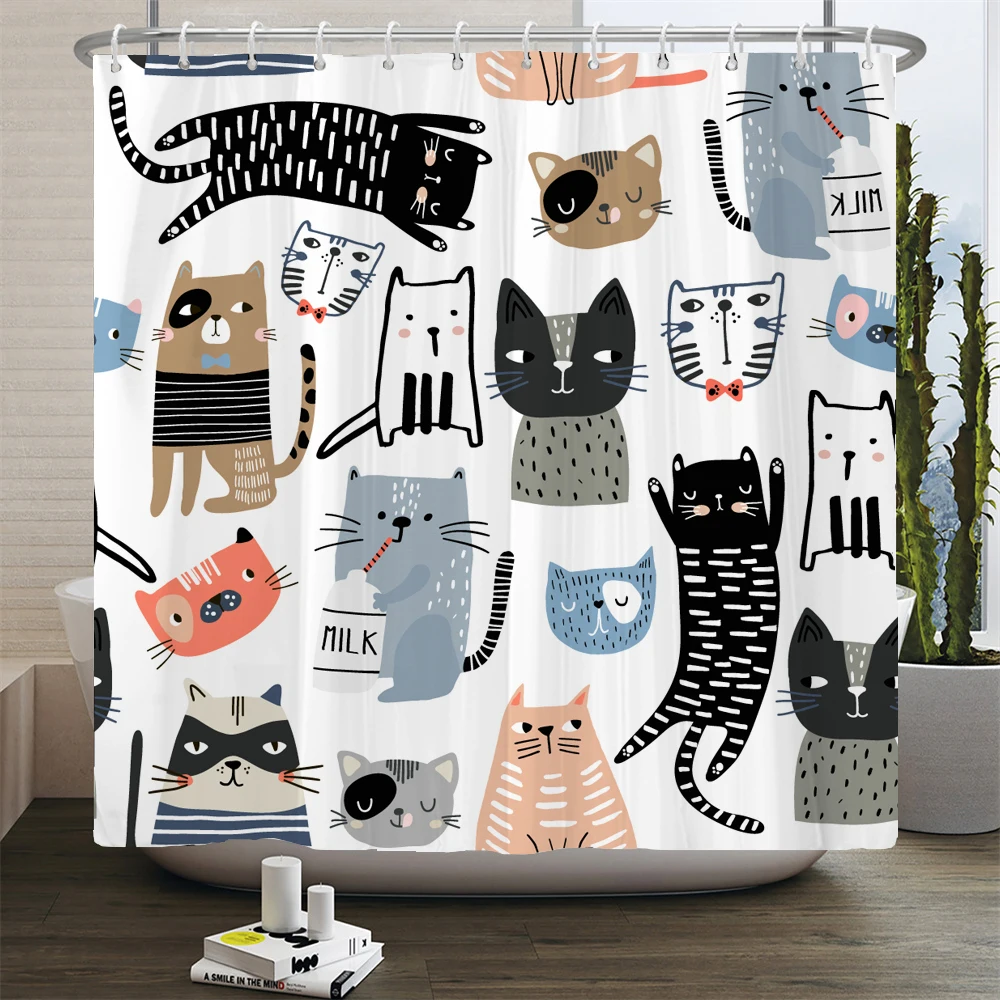 

Cartoon Cat Shower Curtain Cartoon Animal Bath Curtains Bathroom for Bathtub Bathing Cover Shower Curtains with Hook Decoration