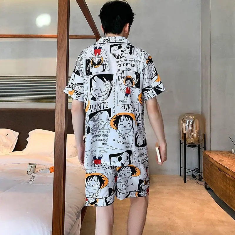 Ice Silk Mens Pajamas Set Summer Short Sleeve Home Clothes 4XL 5XL Hombre Pijama Japan Anime Pyjama For Young Male Nightgown