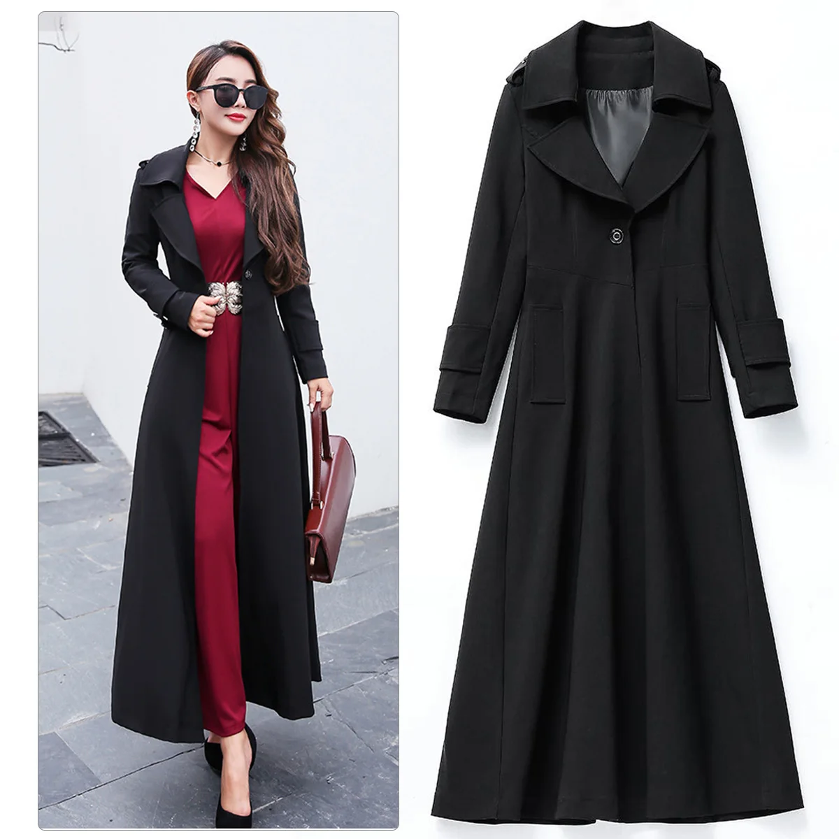 

Women's Trench Coat X-Long Windbreaker Solid Color Slim Office Lady Trench Outerwear Single Button Female Spring Autumn Coats