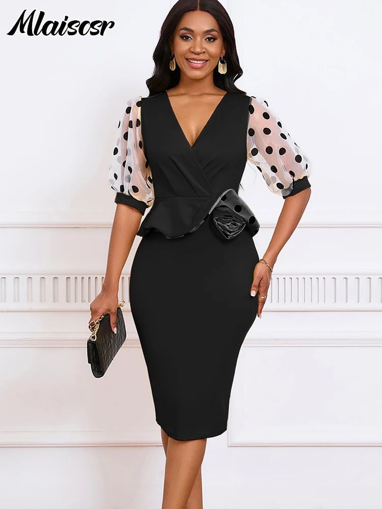 Mlaiscsr женское платье с v-образным вырезом и коротким рукавом в горошек черное