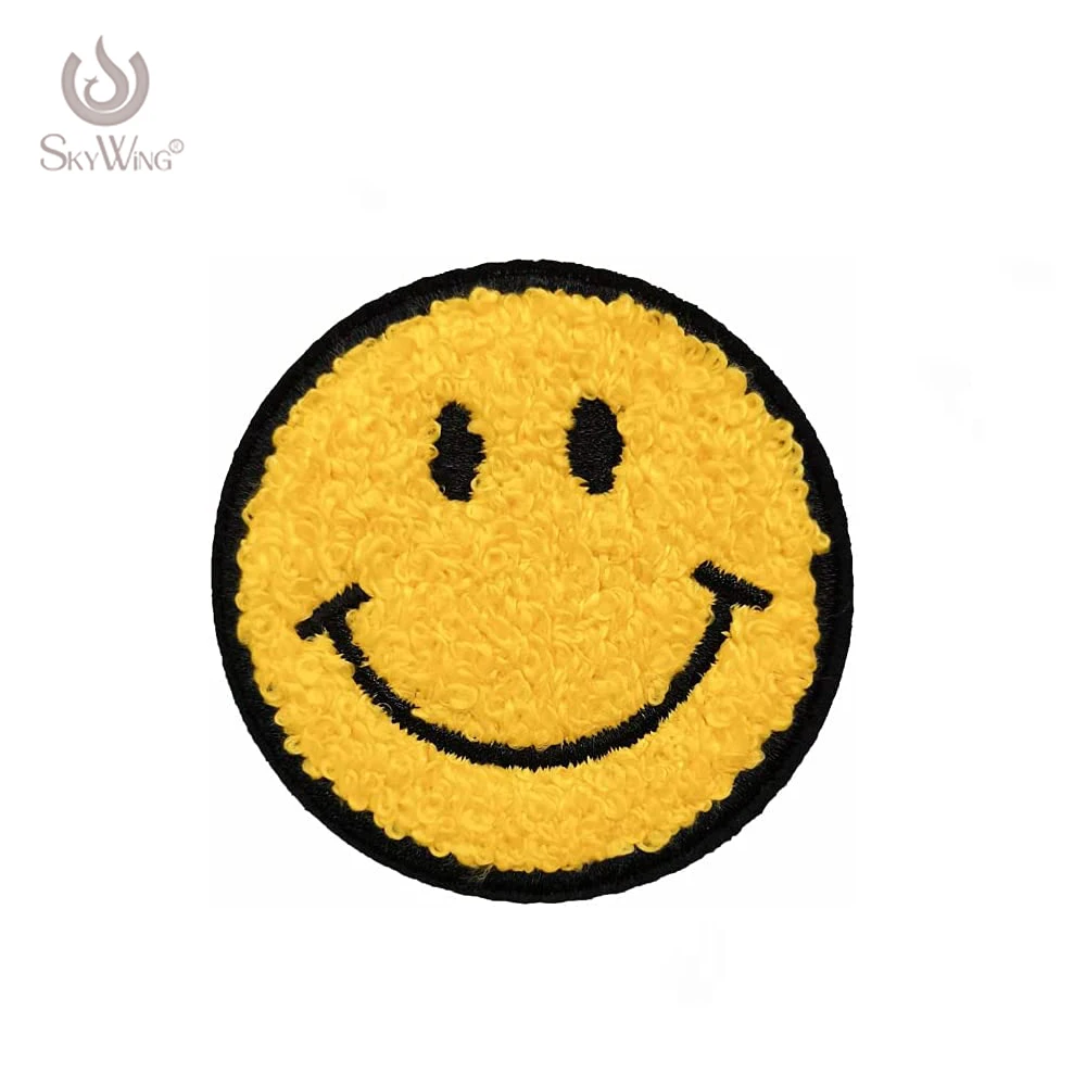 

Wholesale Embroidery Patch Yellow Smiling Face Chenille Patch Iron on Towel Embroidery Patch DIY Clothing Decal