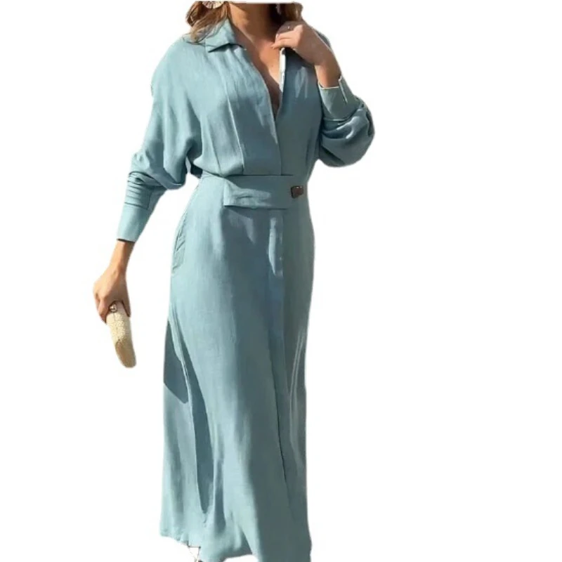 

Женское Однотонное Платье макси с разрезом, модное повседневное длинное платье с длинным рукавом, V-образным вырезом и карманами, 2023, свободное деловое уличное платье