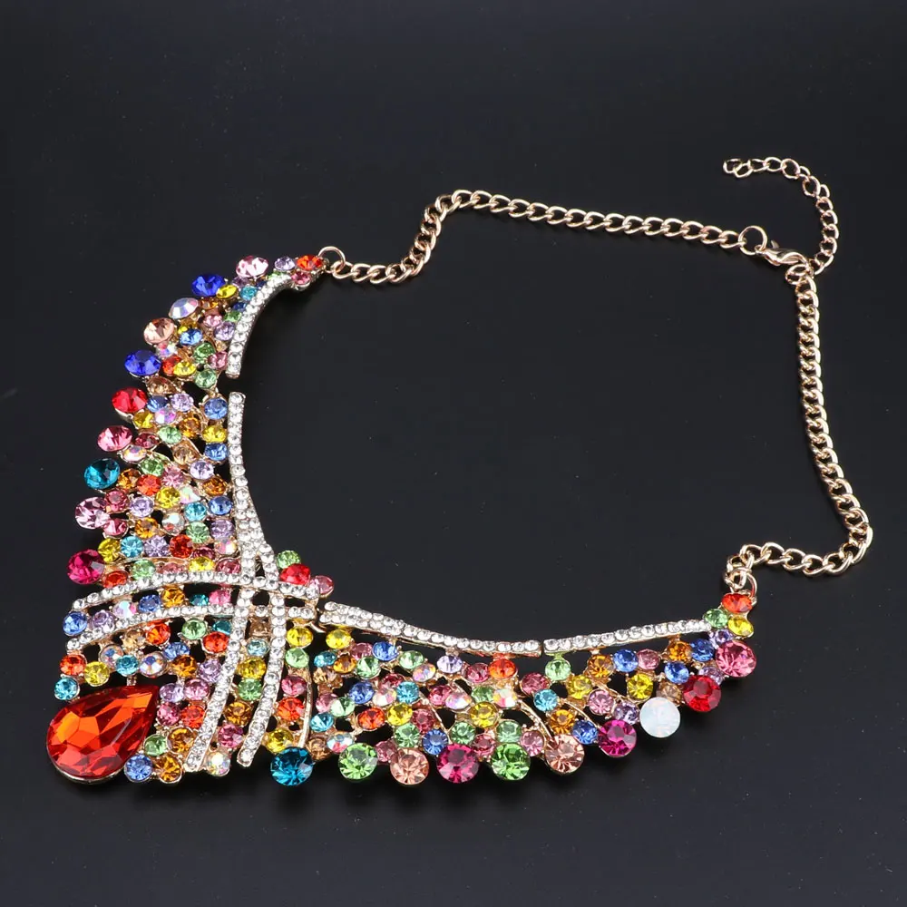 Luxury Full Rhinestones Crystal Necklace and Earrings Statement African Bridal Jewelry Sets with Gift Boxes | Украшения и