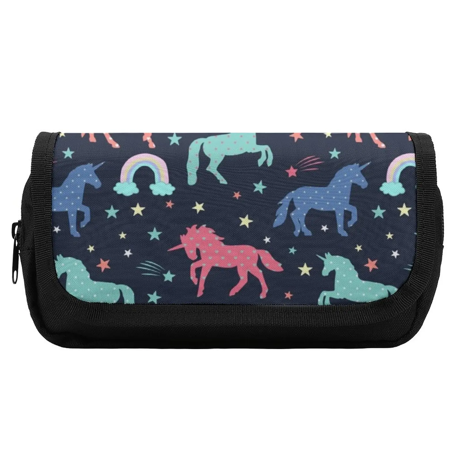 Cute Unicorn Pencil Case Rainbows Stars Print Large Capacity Vintage Double Pockets Pencil Box Elementary School Pen Bag